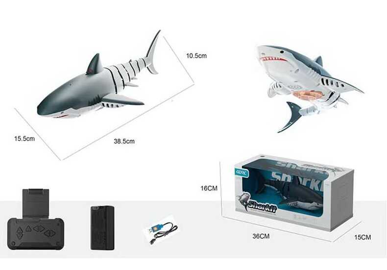 Акула на радіокеруванні 4 D-S 6 (24) додаток, підсвічування, пускає фонтанчик, камера, акумулятор 3.7 V, пульт 2.4 GHz, USB-кабель, плаває у воді, в коробці