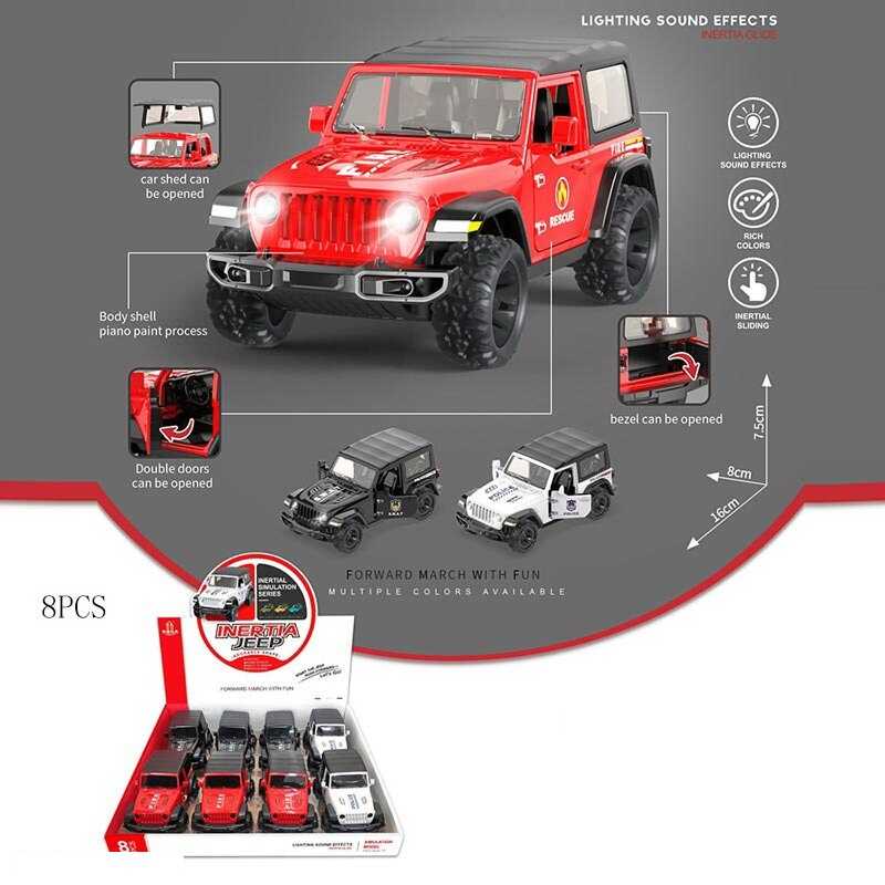 Набір джипів 731-26 C (12) ЦІНА ЗА 8 ШТУК В БЛОЦІ, розмір - 16х8х7.5 см, інерція, звуки, підсвічування, двері та багажник відчиняються, дах знімний, гумові шини, в коробці