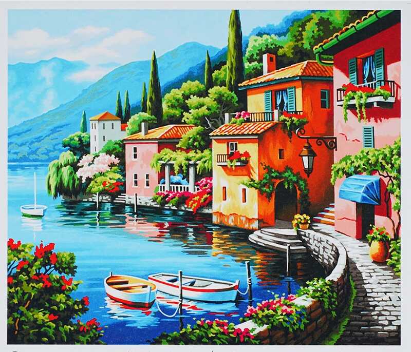 Картина за номерами + Алмазна мозаїка B 71990 (30) "TK Group", 40х50 см, "Ранок на березі озера", У ПАКЕТІ