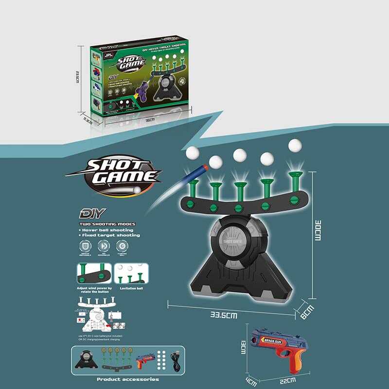 Повітряний тир 19891 A (24) 6 м`яких патронів, 10 кульок, 5 мішеней, механічний пістолет, працює від батарейок та мережі, в коробці