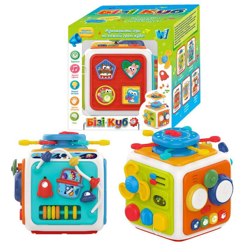 Бізі куб 48658 (12) "WToys", ОЗВУЧ. УКР. МОВОЮ, скоромовки, загадки, казки, пісні, барабани, світло, спінер, сортер, рахівниця, в коробці