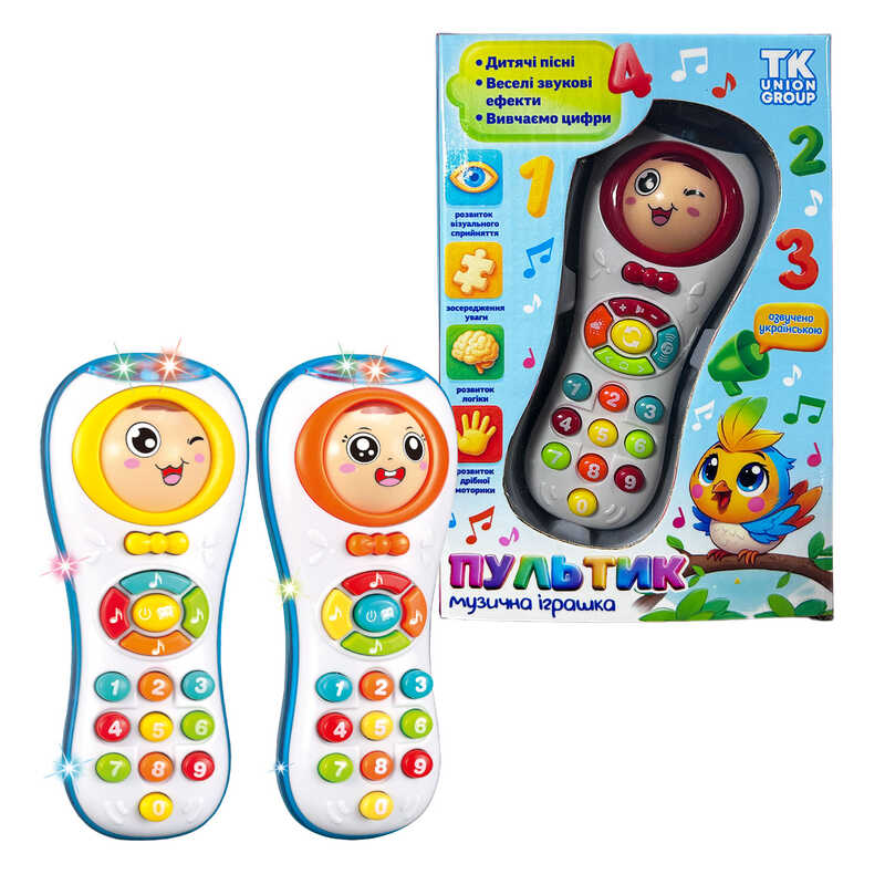 Пульт 15907 (120) "TK Group", ОЗВУЧУВАННЯ УКРАЇНСЬКОЮ МОВОЮ, розмір: 7х4х16 см, цифри, 4 пісні, казка, підсвічування, брязкаючий елемент, в коробці
