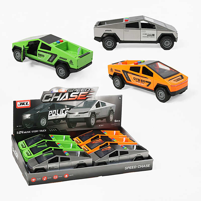 Набір машин T 2411 (16/2) ЦІНА ЗА 6 ШТУК В БЛОЦІ, масштаб:1:24, інерція, звуки, підсвічування, відчиняються двері та багажник, гумові шини, в коробці