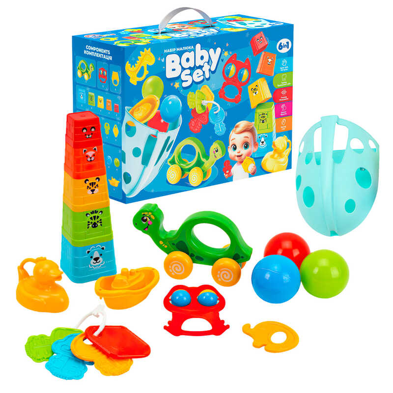 гр Подарунковий набір 3274 (4) "Technok Toys", пірамідка, органайзер для ванної, каталка-черепаха, в коробці