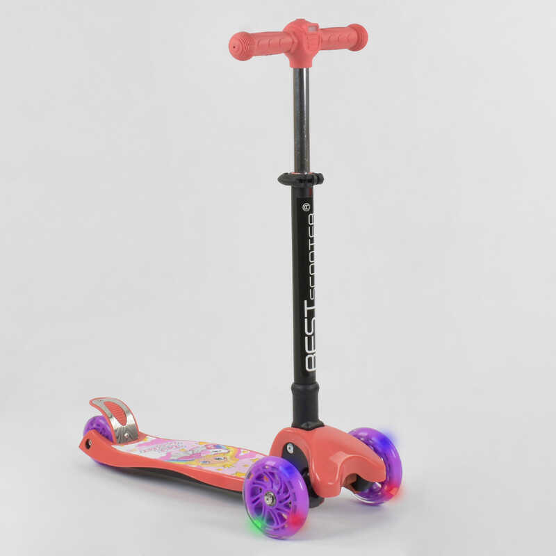 Самокат трехколесный 74107 (1) Best Scooter, складной руль С ФАРОЙ, 4 колеса PU со светом, d=12 см