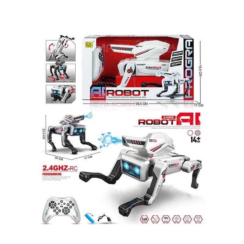 Пес на радіокеруванні 955-280 (16/2) звуки, підсвічування, пульт 2.4 G, акум. 3.7V, USB-кабель, стріляє орбізами, орбізи, виконує команди, озвучування англійською мовою, програмування дій, “плаває”, в коробці