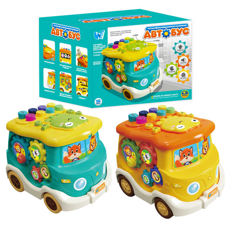 Музичний Автобус 49202 (60/2) "WToys", 2 кольори, ОЗВУЧ. АНГЛІЙСЬКОЮ МОВОЮ, 5 казок, 10 пісень, 10 скоромовок, 10 загадок, підсвічування, лабіринти