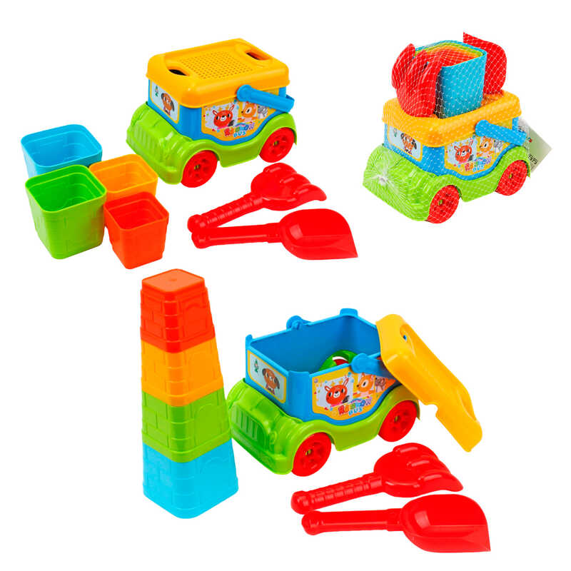 гр Набір для гри з піском 3373 (5) "Technok Toys", пасочки, сито, машинка, лопатка, грабельки, в сітці