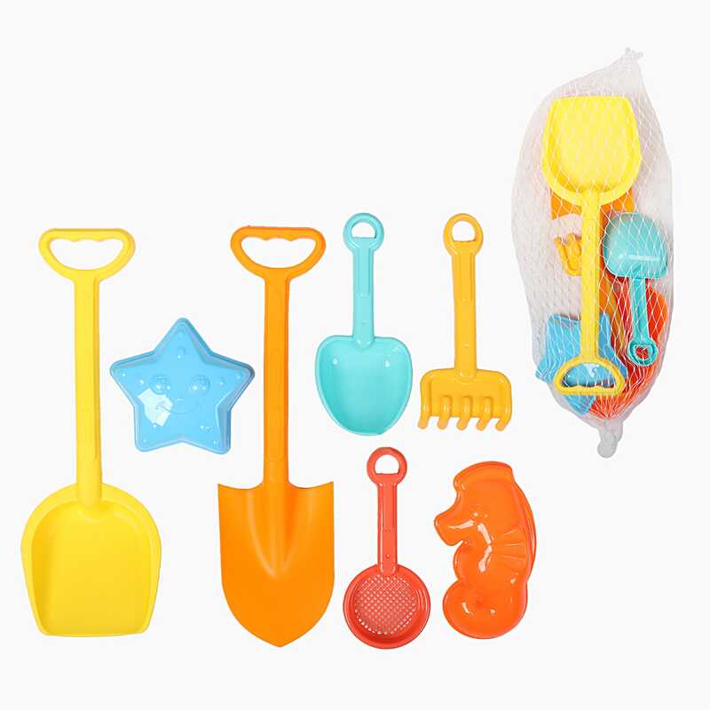 Пісочний набір YF 3643-1 (20) 7 елементів, 2 лопатки, 2 форми, граблі, сито, в сітці