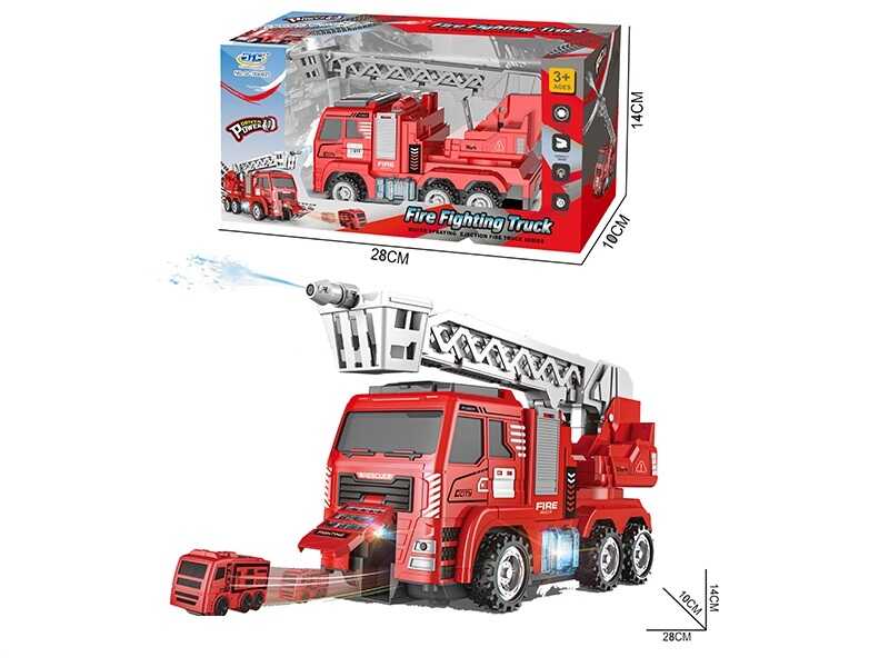 Спецтехніка GC 169 B23 (60/2) “Пожежна машина”, розмір: 28х10х14 см, підсвічування, звуки, колесо вільного ходу, уникає перешкоди, помпова подача води, резервуар, автоматичний оберт платформи та підйом капота, телескопічна драбина, 3 модельки, пляшка, в к