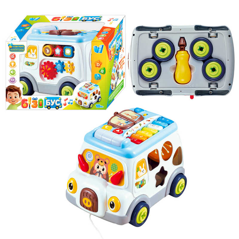 Музичний бізібус 45585 (12) “WToys”, 2 види, ОЗВУЧУВАННЯ УКРАЇНСЬКОЮ МОВОЮ, каталка, підсвічування, пісні, ноти, мелодії, кілька режимів, сортер, шестерні, тріскачки, в коробці