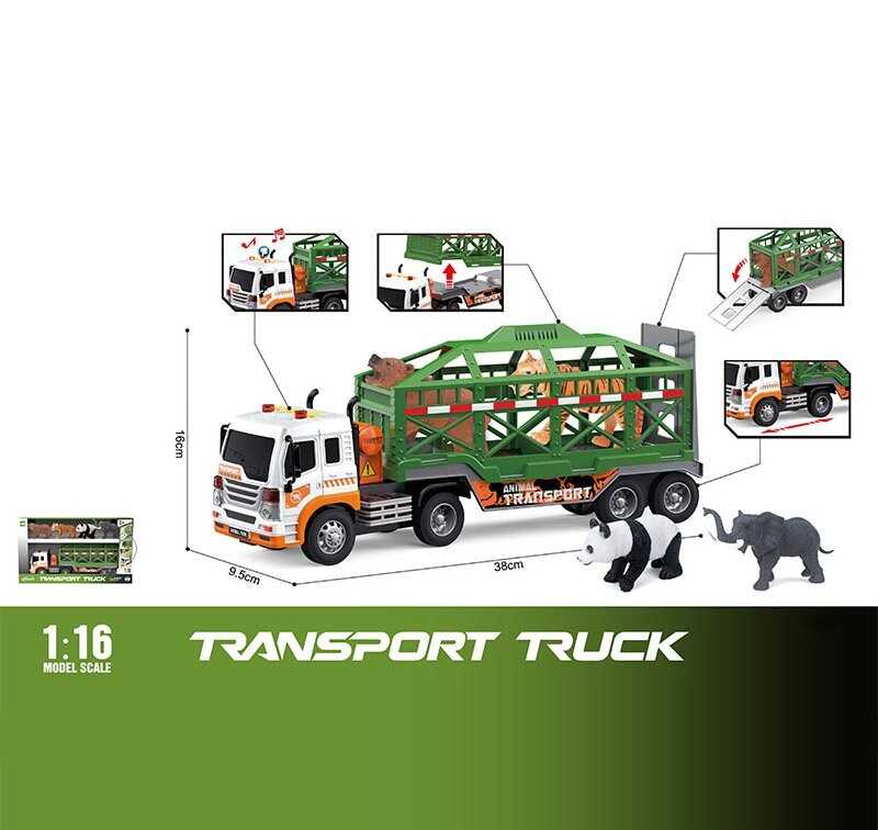 Трейлер WY 571 P-4 (12) світлові та звукові ефекти, причеп від`єднується, гумові колеса, кузов-клітка, 4 фігурки тварин в наборі, в коробці 