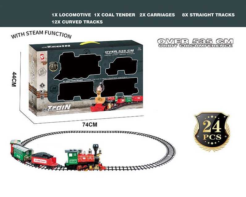 Залізниця 8549 A (STEAM) (6) 24 елементи, локомотив, 3 вагони, підсвічування, звуки, парогенерація, розмір колії: 192х130 см, у коробці