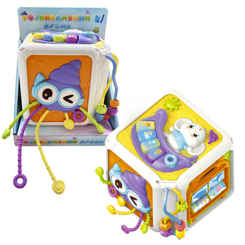 Розвивальний кубик 48719 (48) "WToys", 2 види, ОЗВУЧ. УКРАЇНСЬКОЮ МОВОЮ, підсвічування, казки, вірші, факти, ноти, гумові мотузочки, в коробці