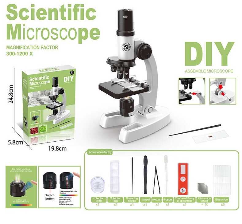 Мікроскоп DIY 001 (72) збільшення: 300х, 600х, 1200х,розбірна конструкція, підсвічування, змінні об’єктиви, рег. фокус., зразок, інструм., в коробці