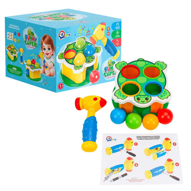гр Іграшка для розвитку "Веселий молоточок" 3342 (8)  "Technok Toys", світлові та звукові ефекти, 4 кульки, молоточок, основа у вигляді черепашки, в коробці