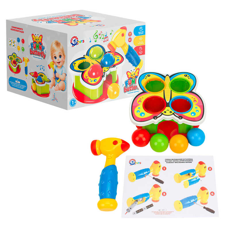 гр Іграшка для розвитку "Веселий молоточок" 3328 (8)  "Technok Toys", звукові та світлові ефекти, молот, 4 кульки, осн у вигляді метелика, в корообці