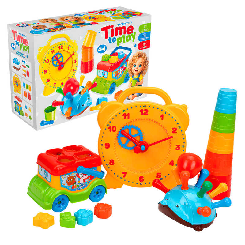 гр Подарунковий набір 3359 (5) "Technok Toys", аналоговий годинник, сортер, пірамідка-вежа, їжачок, у коробці