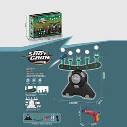 Повітряний тир 19891 A (24) 6 м'яких патронів, 10 кульок, 5 мішеней, регуляція потужності повітря, механічний пістолет, працює від батарейок та мережі, в коробці