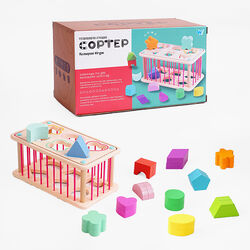 Дерев`яний геометричний сортер C 60434 (30) "WToys", стінки з резинок, 12 дерев’яних фігурок, в коробці