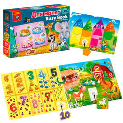 гр Логічна книжка "Бізі бук. Для малят" VT 1310-07 /укр/ (9) "Vladi Toys", 6 сторінок, 2 кільця, 54 деталі, гра з липучками, в коробці