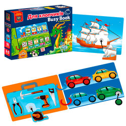 гр Логічна книжка "Бізі бук. Для хлопчиків" VT 1310-10 /укр/ (9) "Vladi Toys", 6 сторінок, 2 кільця, 51 деталі, гра з липучками, в коробці