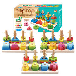 Дерев`яний геометричний сортер 68446 (36) "WToys", сортер за кольорами, гра з кілочками, в коробці, ВИДАЄТЬСЯ ТІЛЬКИ МІКС ВИДІВ